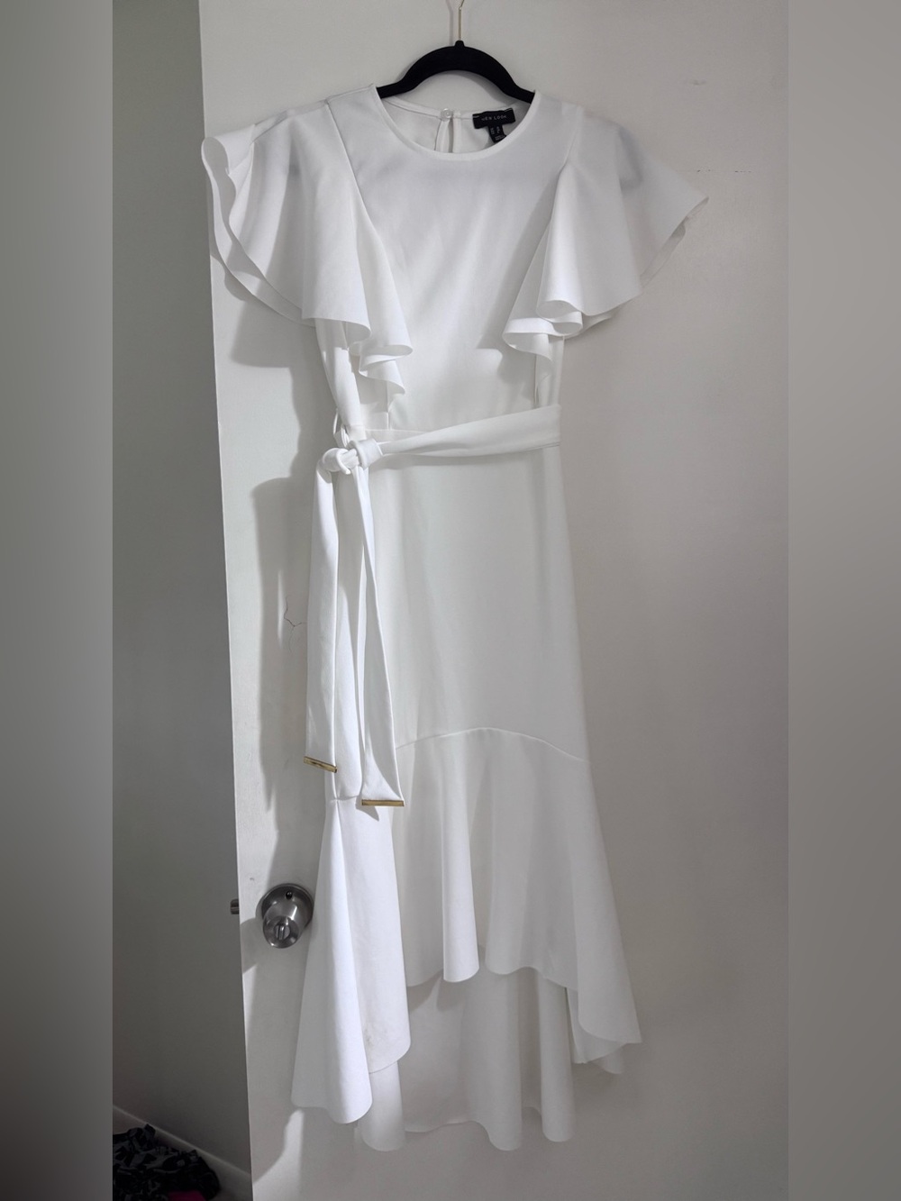 New Look White High-Low Ruffle-Sleeve Midi Dress with Waist Tie Size 6 - Picture 2 of 8